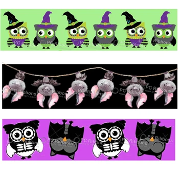 

Custom Cartoon Halloween Bat Holoween owl print grosgain ribbon Halloween wreath DIY fabric webbing 100 yards