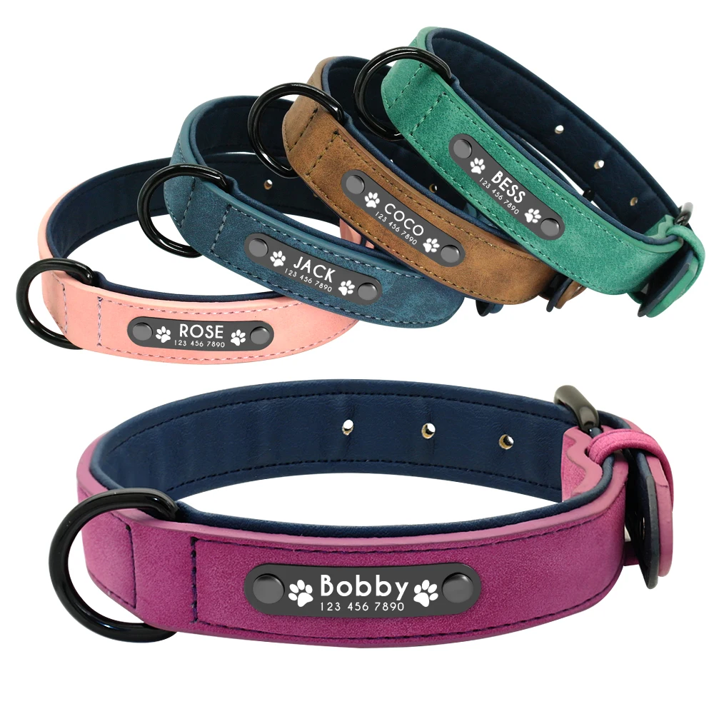 Personalized Dog Collar and Leash Leather Padded Customized Engraved Dogs Collars Lead Rope Set Bulldog Pitbull Dog Collars medium