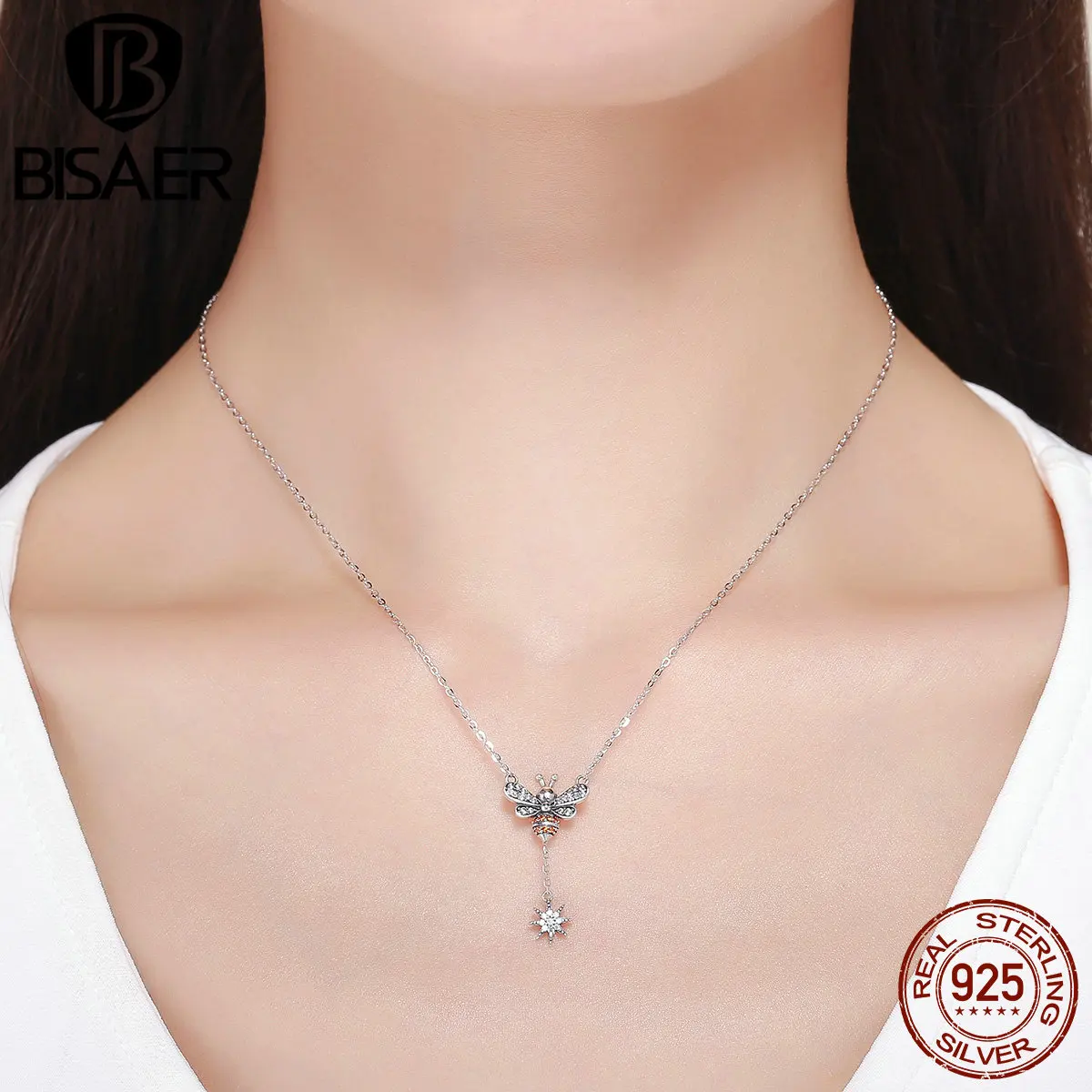 

100% 925 Sterling Silver Flying Insect Dancing Bee for My Honey Pendant Long Necklaces Women Girl Sterling Silver Jewelry Gift