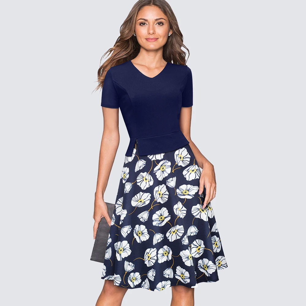 

Retro Vintage Women Work Office A-line Party Dress Elegant V Neck Floral Print Skater Summer Dress vestidos HA137