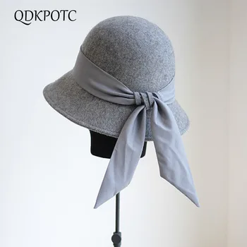 

QDKPOTC 2018 Brand Quality Female New Fedoras Bow Ribbon Wool Felt Hat Bucket Topper Autumn Winter Simple Hats for Women