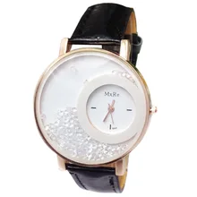 Design Fashion Lady Faux Leather Band Bracelet Round Dial Quicksand Analog Wrist Watch Gift For Women High Quality