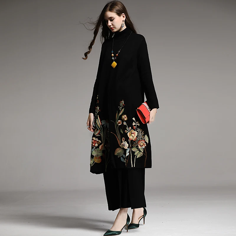 Брендовый Дизайнерский Модный комплект одежды для женщин, водолазка ручной работы с вышивкой, шерстяной свитер+ широкие штаны, комплект из двух предметов