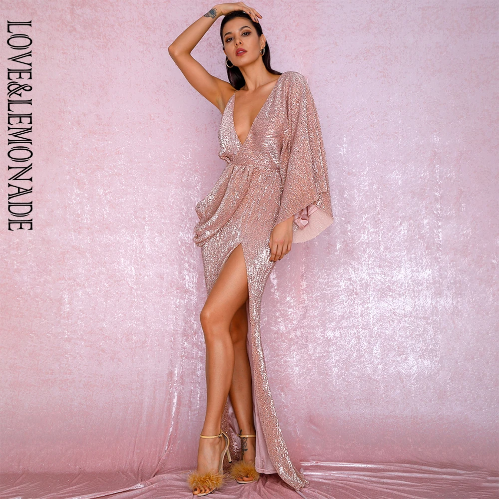 Most Popular J2Eco LOVE&LEMONADE Sexy Rose Gold V Neck Single Sleeve Sequins Split Party Maxi Dress LM81848 Autumn/Winter