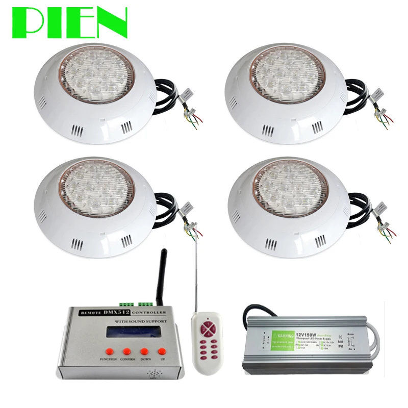 DMX512 RGB LED Piscina luces 12 V Par56 montado en la pared IP68 resistente al agua Piscina 18 W 36 W con remoto fuente de alimentación 4 unids