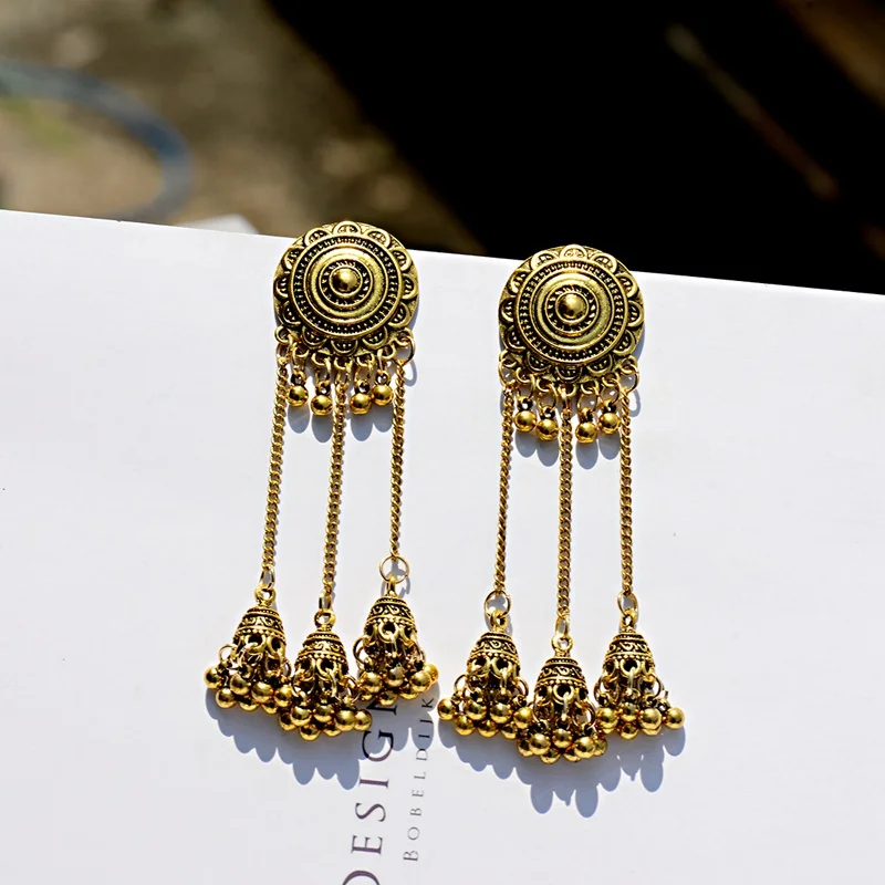 OIQUEI индийские серьги Jhumka ювелирные изделия для женщин Бохо этнические винтажные круглые резные Большие колокольчики длинные висячие серьги с кисточкой