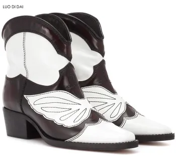 

2020 rome style women boots POINTED TOE ANKLE BOOTS wings embroidery boots party shoes black&white dress shoes slip on