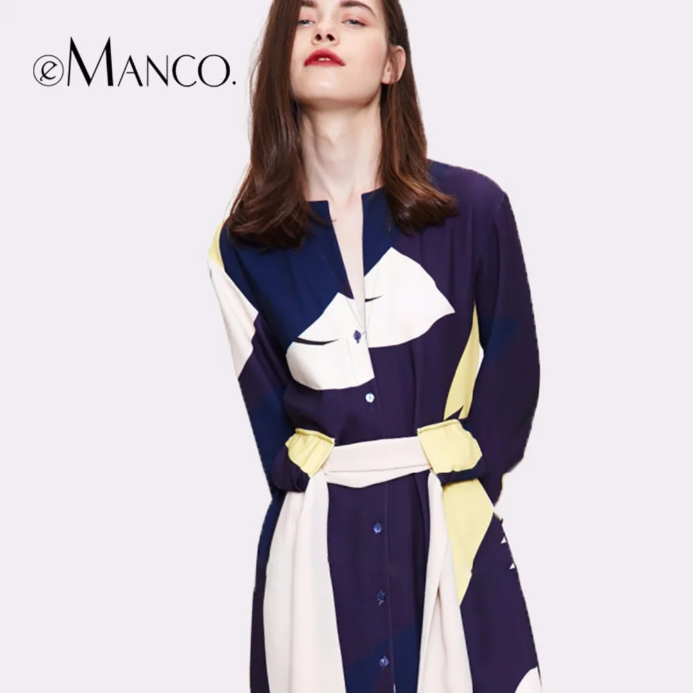 e-Manco Elegant Casual Office Winter Long sleeve dress Tunic Blue&White Geometric printed Fashion Belted Dress female
