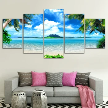 

2019 5 Pieces Palm Trees Blue Sky White Cloud Sea Scene Paintings Posters Modular Pictures Canvas HD Prints No Frame