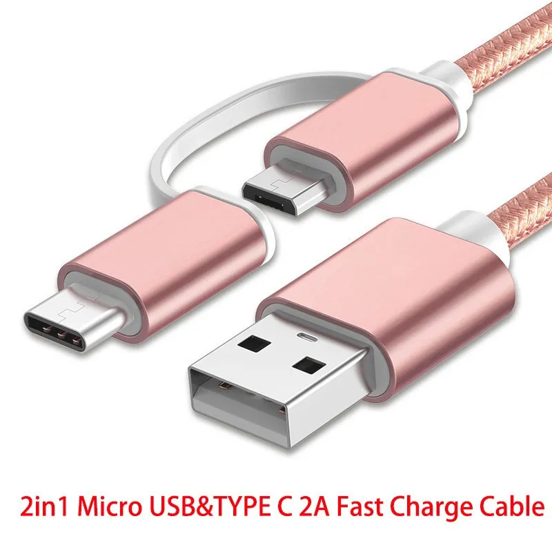 

100cm 2A Fast Charger Cable 2 IN 1 USB Type C Micro USB Braided Cord For HUAWEI Mate 8 s 9 10 Pro P8 P9 P10 Lite P20 Honor 7 8 9