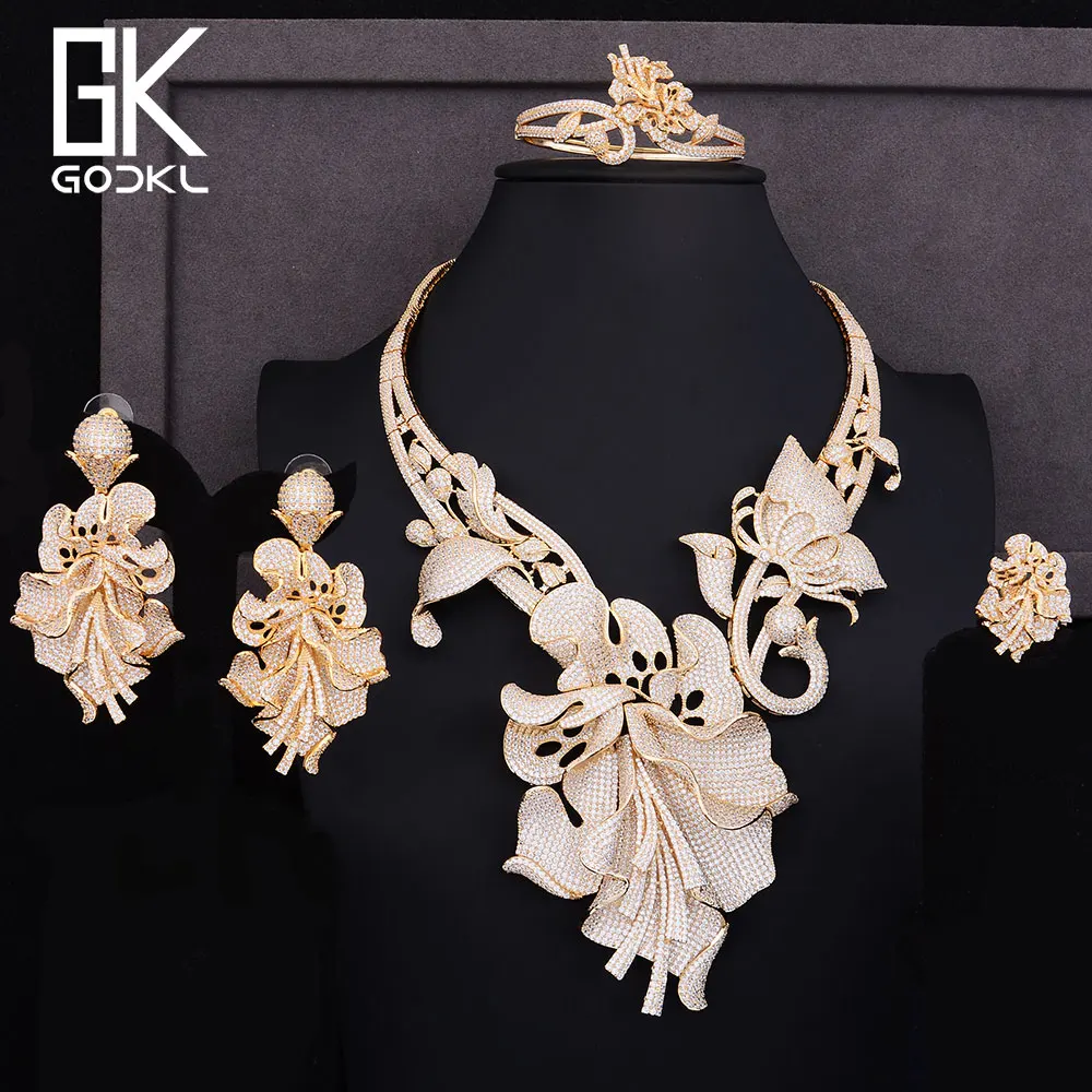 GODKI Luxury Nigerian Jewelry sets For Women Cubic Zirconia Dubai Gold Wedding Flower Drop Indian Long bridal jewelry sets NEW