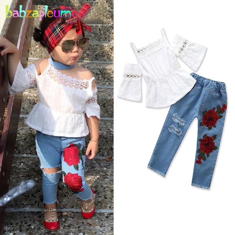Baby Girl Floral Ruffled T-Shirt Bell Sleeve Flare Crop Top Leopard Print Suspender Skirt Casual Denim Jean Skirt Outfits