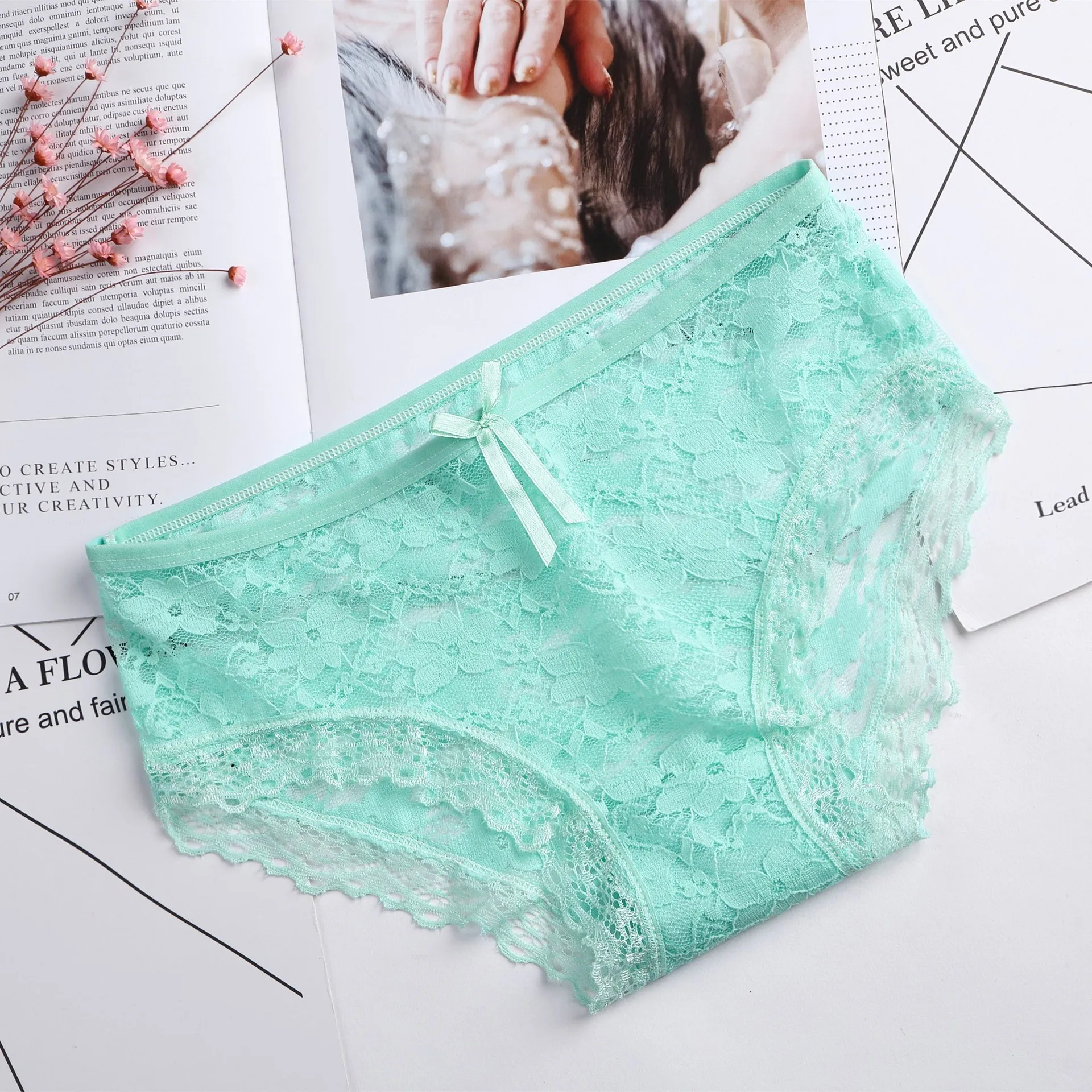 Briefs for Women Lace Cotton Sexy Lingerie Panties Girls Underwear Solid Color Bow Tie Underpants Ladies Panty Calcinha - Color: Shake the green