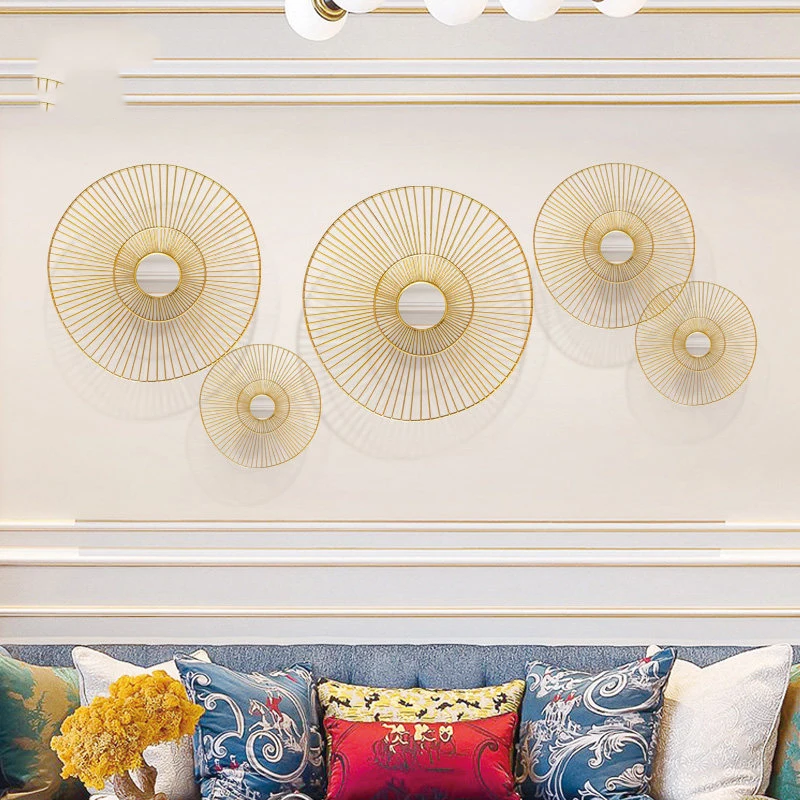 

European Wrought Iron Gold Round Shape Wall Mural Ornaments Wall Decoration Pendant Home Livingroom Bedroom Wall Sticker Crafts