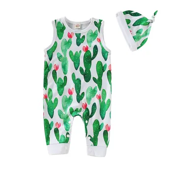 

Infant sleeveless cactus cotton green romper + hat two-piece cotton soft newborn set for 0-18M