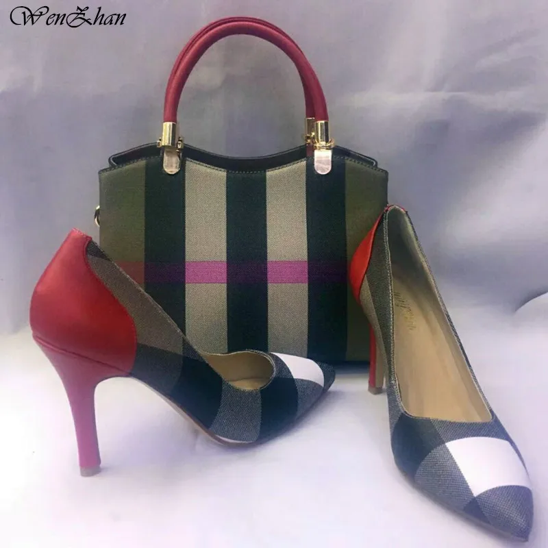 WENZHAN Striped Style Women Soft Pumps Shoes Match Women Handbag Sets,Woman Pointed Toe Luxury Designer Shoes With Bag A83-14