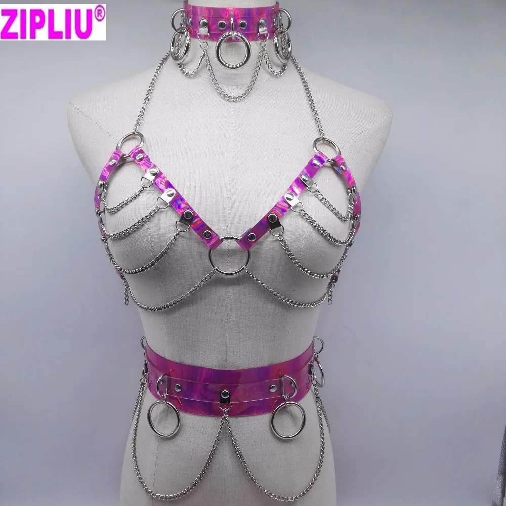 

Sexy Harajuku Handmade Rose Laser holographic Choker harness punk Collar belt Necklace Bra Spikes Chain torques club party set