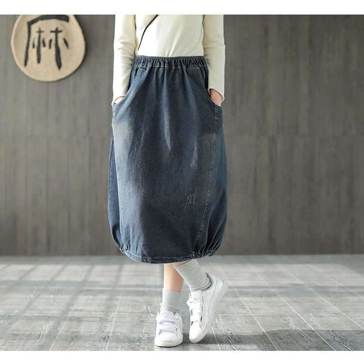 Spring Autumn Skirt Fashion Women Large size Denim skirt New Ladies Elastic Waist pocket Bleached Mori girl Casual Loose skirt