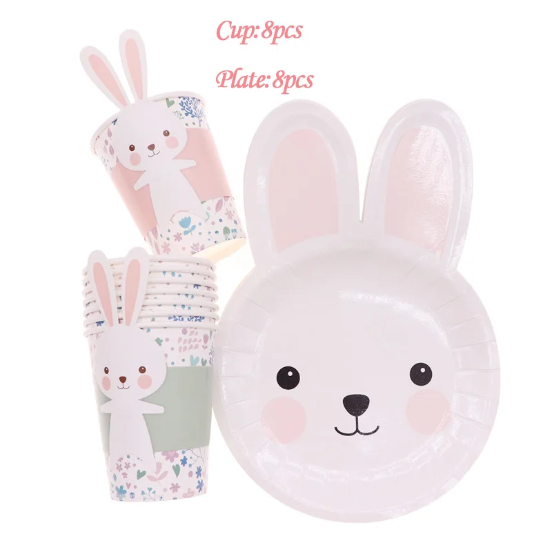 

Cartoon rabbit shape paper plate dinner plate paper disposable tableware cup set birthday party Christmas decoratio