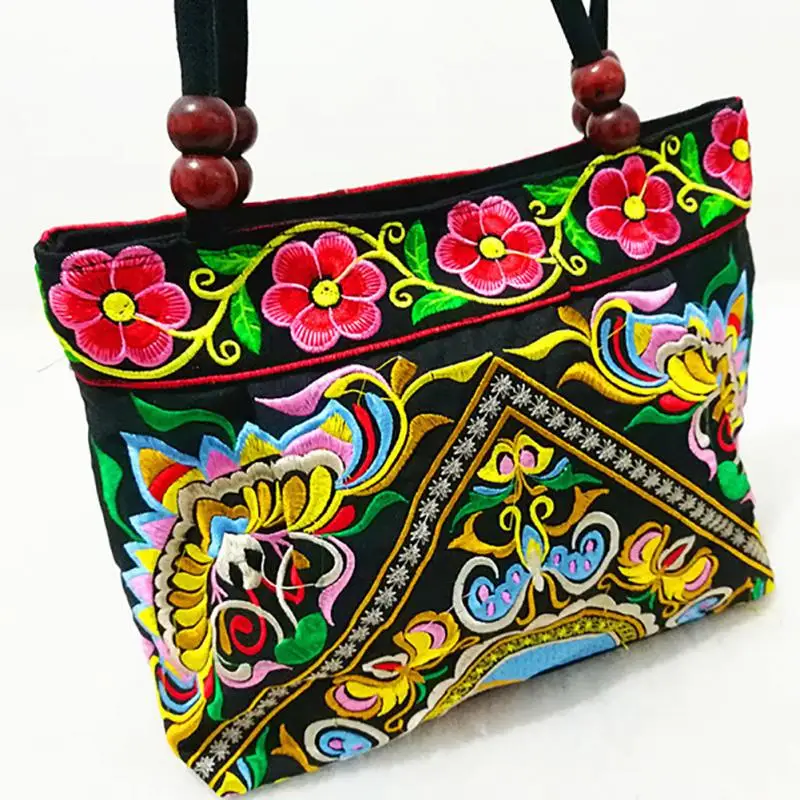 Вышитая Этническая Дорожная сумка на плечо, женские сумки, ручная работа, двусторонний цветок, винтажная вышитая холщовая деревянная сумка с бусинами
