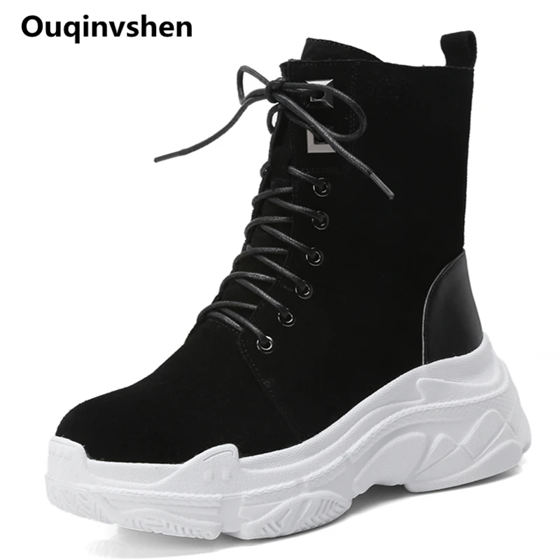 

Ouqinvshen Cross-tied Platform Black Round Toe Shoelaces Cow Suede Casual Women Sneaker Wedges Winter Ankle Boots For Women 6CM