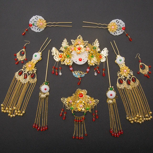Handmade Chinese Ancient Wedding Jewelry Set Bride Headwear Golden