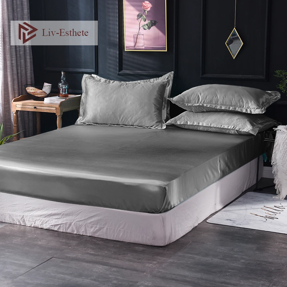 

Liv-Esthete Luxury 100% Satin Silk Silver Grey Fitted Sheet Silky Elastic Ban Mattress Cover Queen King Bed Sheets For Women Men