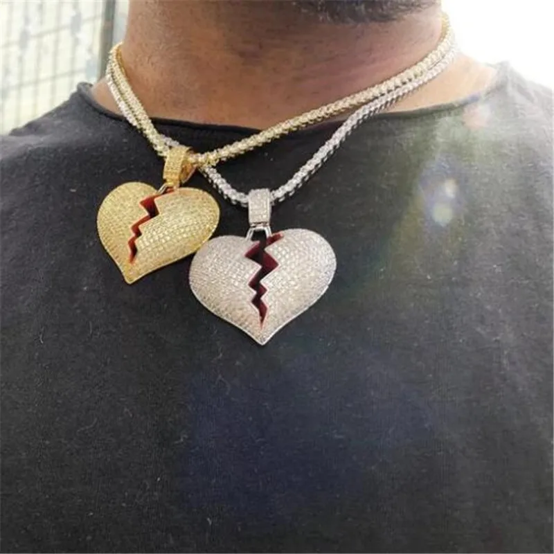 

Hip Hop Bling Iced Out Tennnis Chain Zircon Copper Full Rhinestone Rope Chain Broken Heart Pendant & Necklace For Men Jewelry