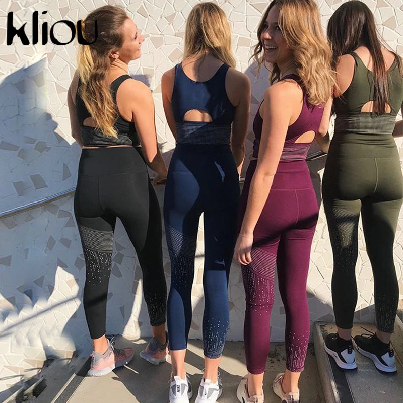 Kliou 2018 النساء اللياقة البدنية الرياضية 2 قطعة مجموعات عالية الخصر طماق تانك الأعلى رياضية الصدرية نشط ارتداء مرونة الخصر رياضية
