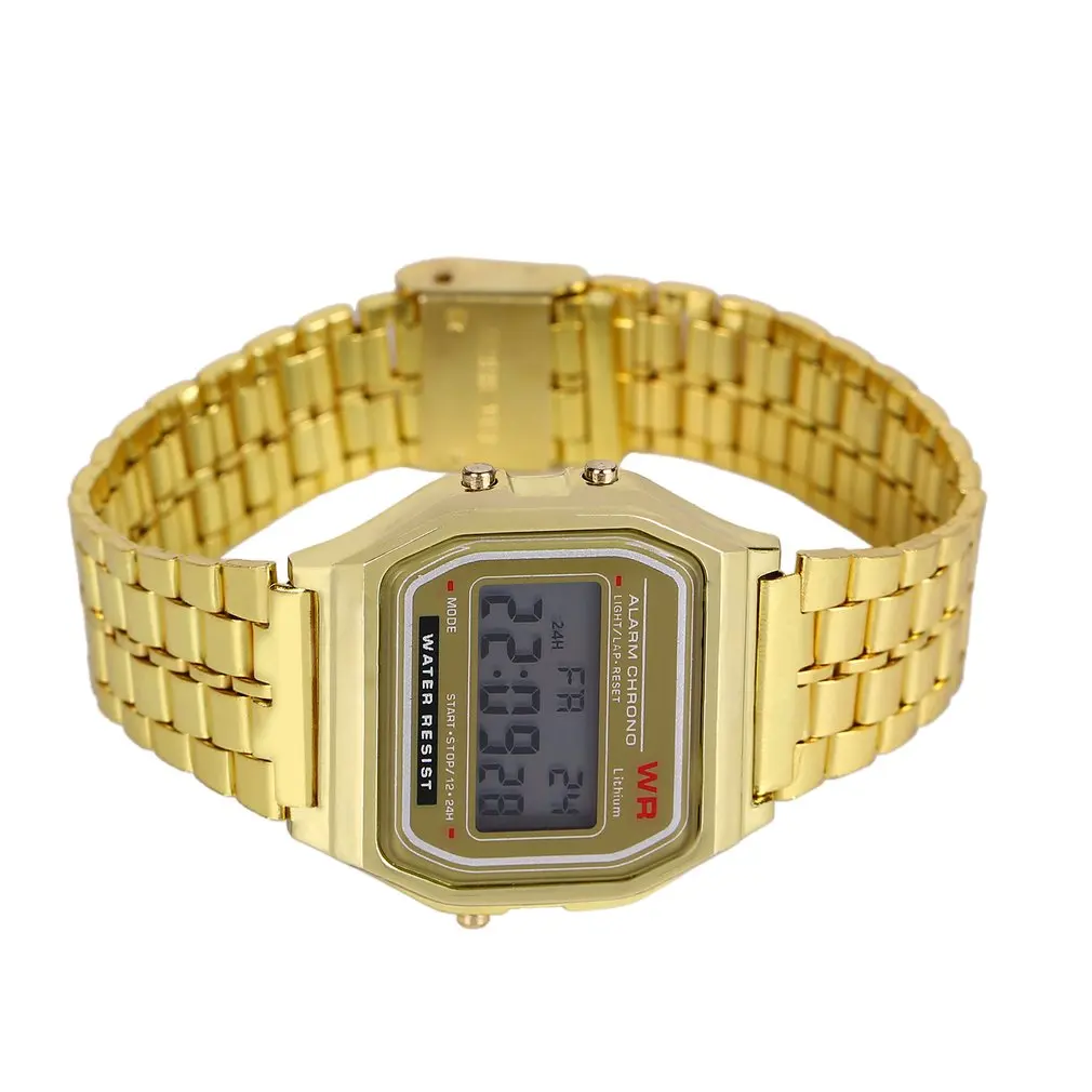 Vintage LED Digital Watch Waterproof Steel Strap Quartz Wristband Golden Dress Wrist Watch For Men Women Sports Traveling GIFTS