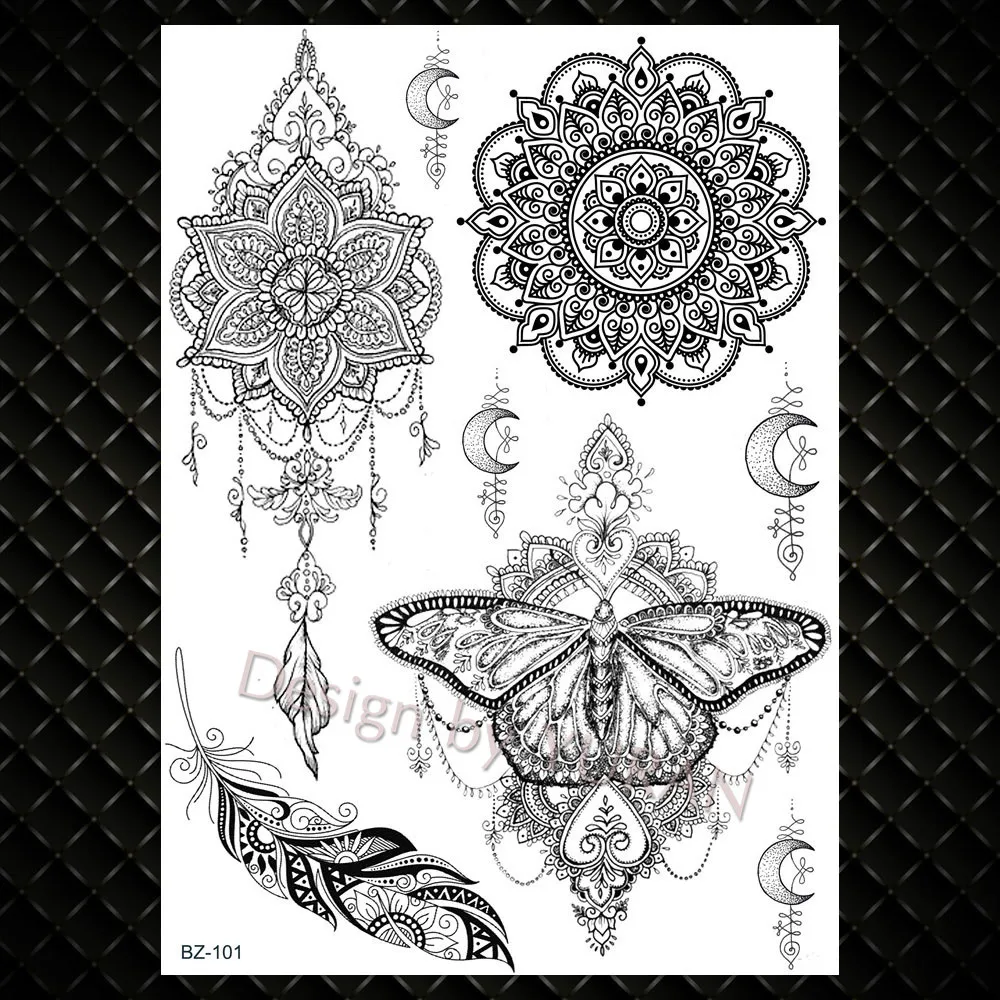Треугольники Индия цветочные черный серьги Henna Mandala в богемном стиле тату-наклейка для боди-арта для установки на стержень, руку, грудь, Временные татуировки Поддельные Водонепроницаемый Пользовательские татуировки золотого и серебряного