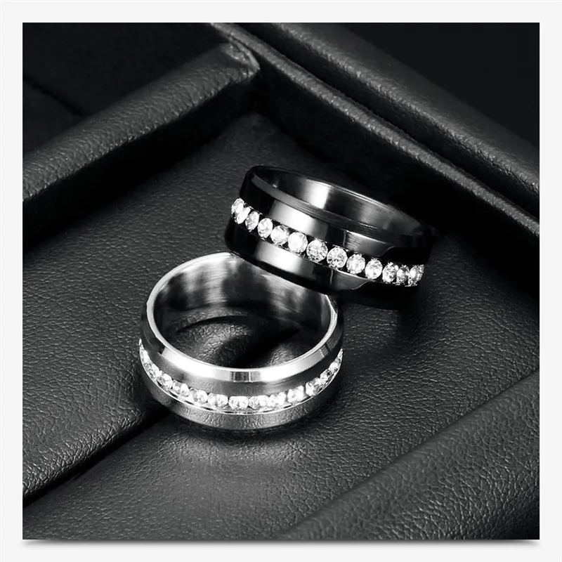 Modyle 2019 New Black and Silver Color Titanium Stainless Steel One Row CZ Stone Wedding Engagement Rings for Woman Men