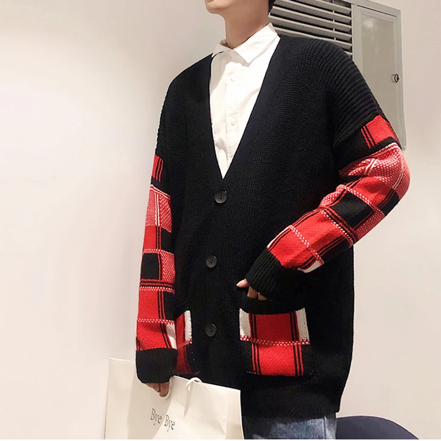 Check Button Cardigan Male Oversize Loose Streetwear Sweater Men Harajuku Cashmere Coat Modis High Street v Neck Pull Homme