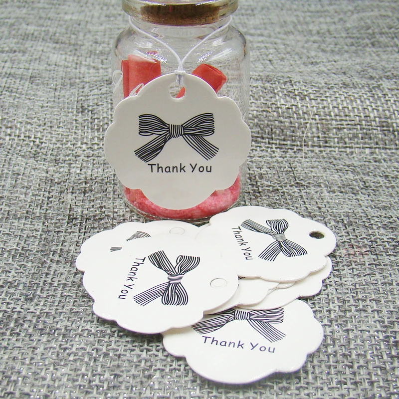

100pcs per lot 3cm white paper hang tag thank you tag with ribbon for gifts packing /wedding/jewelry products tag label display