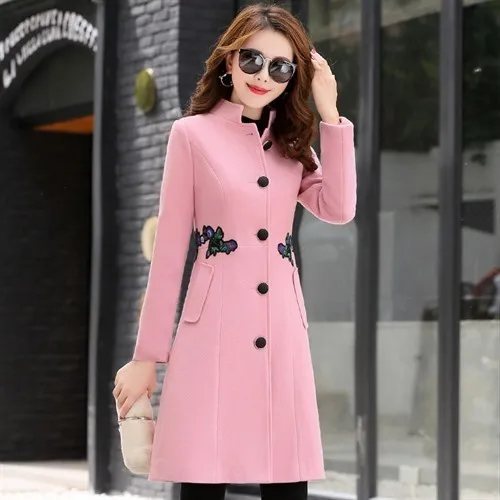 Зимнее женское Шерстяное Пальто, однобортное, осень, длинный рукав, стоячий воротник, тонкое длинное пальто, высокое качество, шерстяное пальто - Цвет: pink