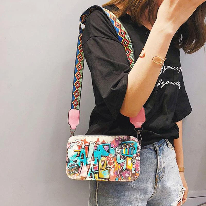

New Street Graffiti Handbag Women Girl PU Messenger Bag Mini Zipper Shoulder Bag Fashion Thick Strap Chic Bolsa Drop Shiping sac