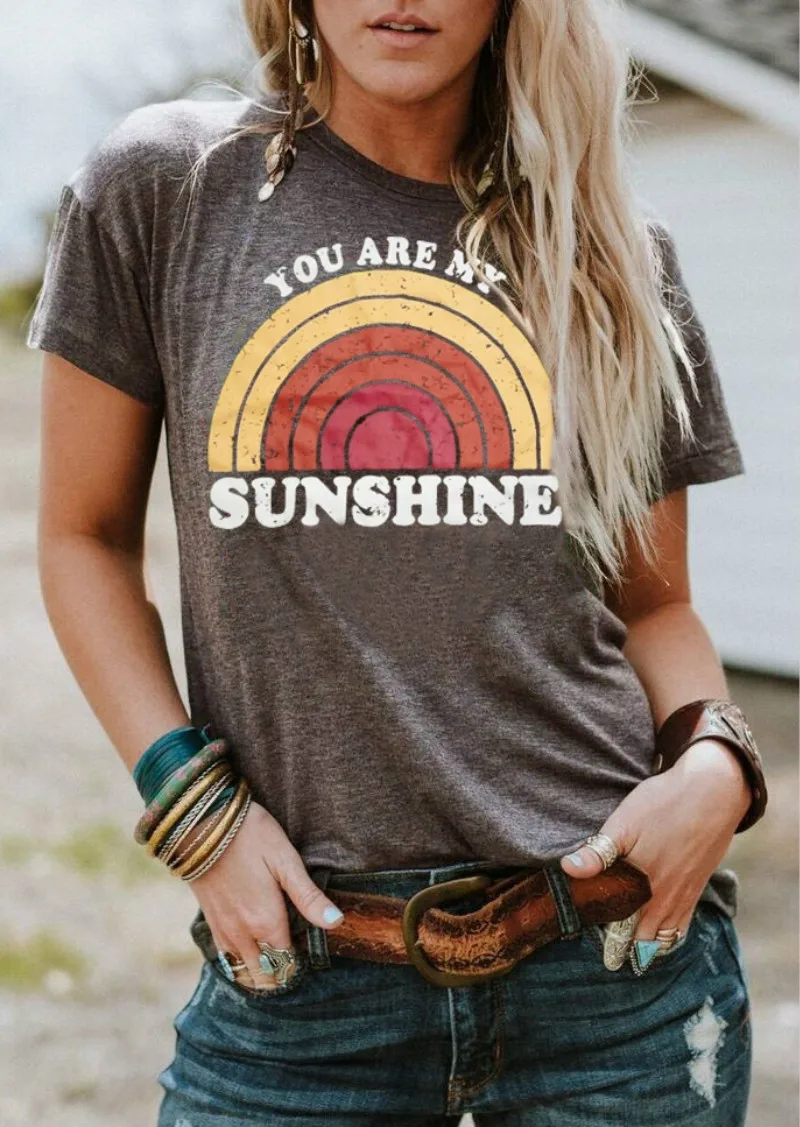 

Women T-Shirt Summer Short Sleeve tops tee You Are My Sunshine Rainbow Print O-Neck T-Shirt Female Harajuku t shirt Ladies Tops