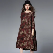 Autumn and winter new women’s clothing loose fashion Chinese style plus-size long dress print crew neck wrist high waist dress