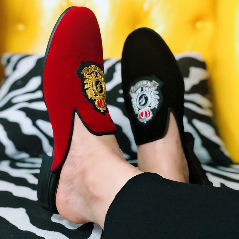 Red Black Embroidery Half Slippers Flat heel Cover toe Men's Loafers