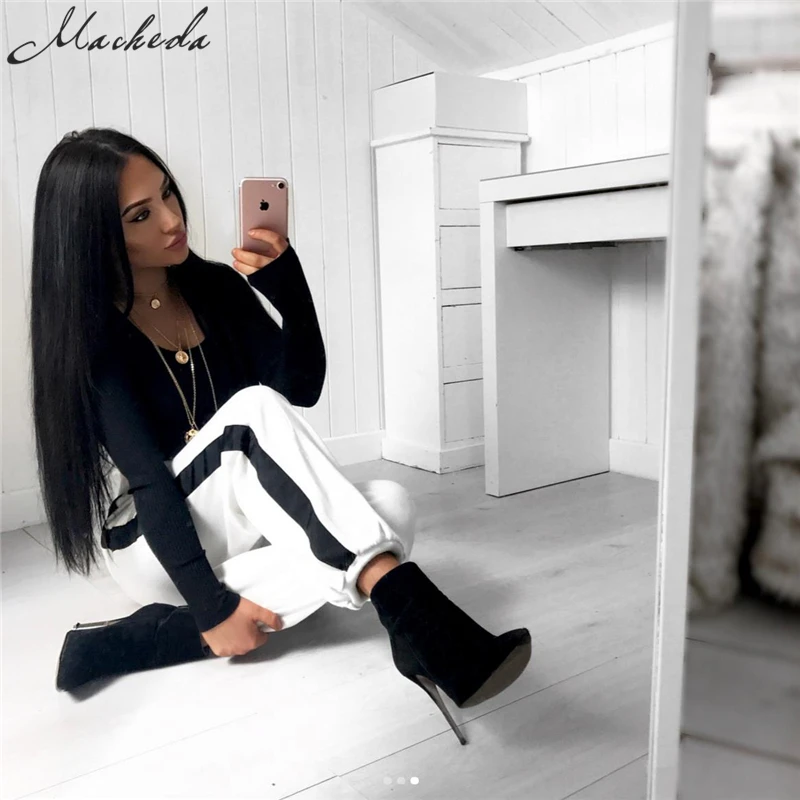 

Macheda Casual Pants 2017 Autumn Women Elastic Waist Bandage Side Black Bars White Pants High Waist Casual Leggings 3 Sizes
