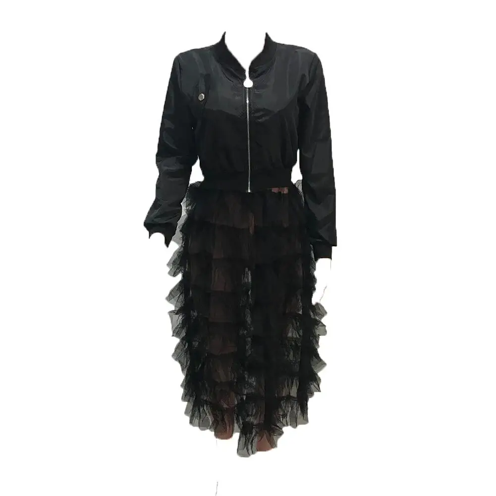 

Solid Color Women's Long Sleeve Zippered Ruffled Mesh Patchwork Jacket Coat