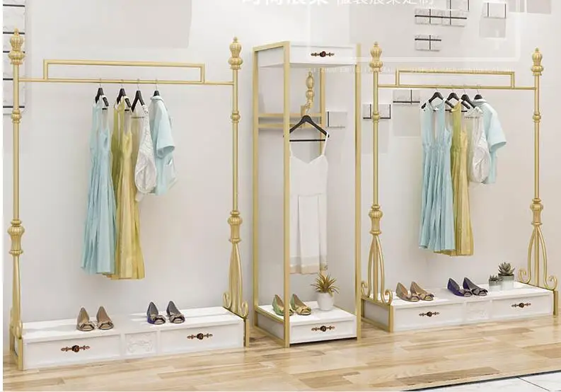 Clothing store display rack floor type women's clothing store European shelf hanging rack display clothes rack gold.