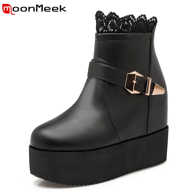 

MoonMeek High quality hot fashion height increasing ankle boots pu soft leather round toe Bud silk autumn winter women boots
