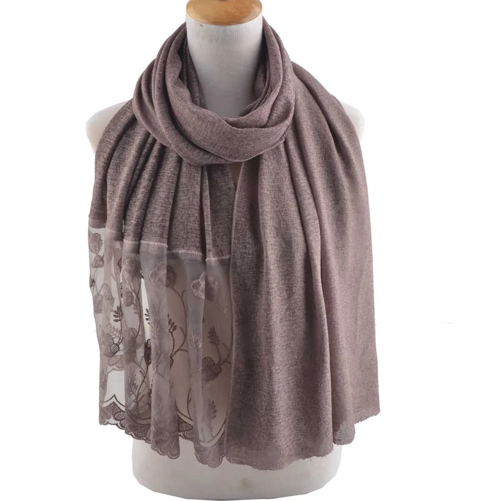 dusty purple Хлопковый кружевной шарф, роскошный головной убор, вышитый цветок исламский шарф, мусульманский хиджаб, цветочный хиджаб с кружевом, корейский стиль, пляжное полотенце - Цвет: dusty purple