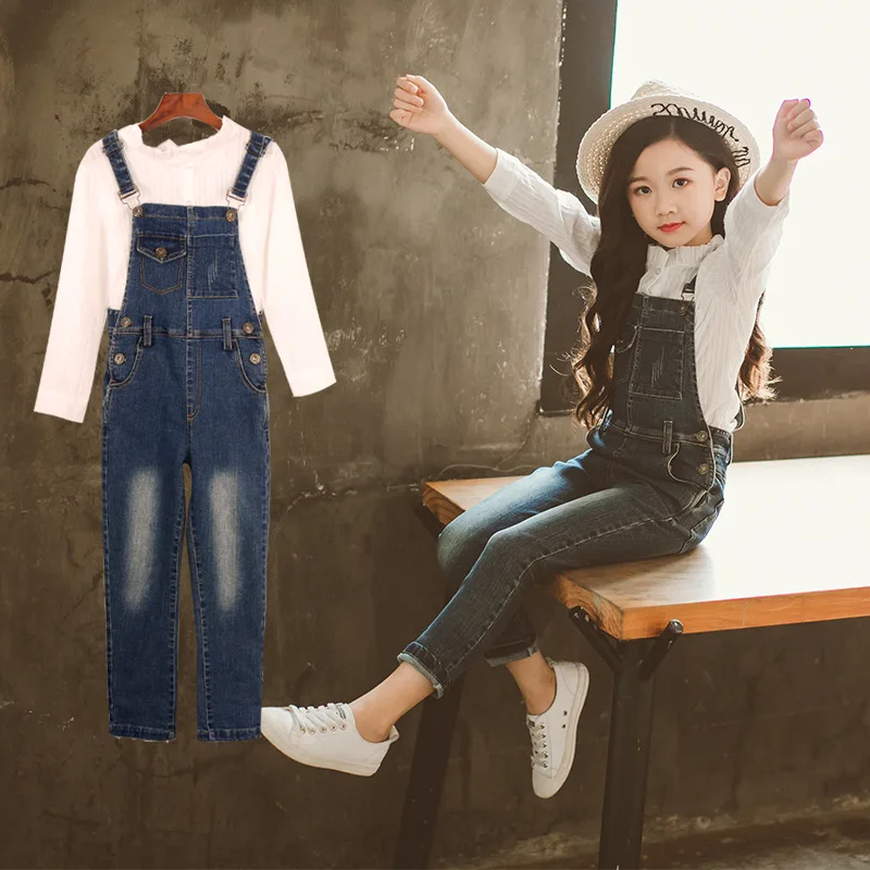 

2018 Back to School Outfits Teenage Girls Clothing Sets Toddler Kids Baby Girls White Blouses Shirts + Overalls Denim Jumpsuits