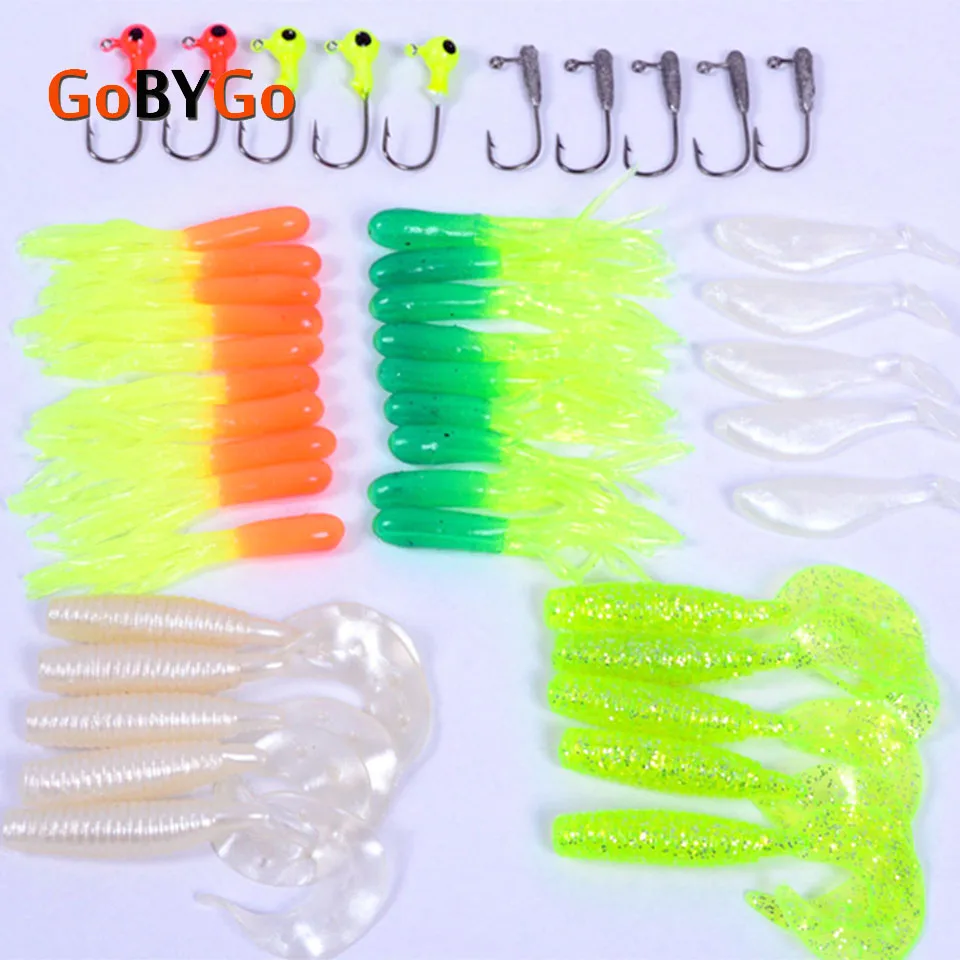

GoByGo 35 Worm Soft Baits Fishing Lure + 10 Lead Jig Head Fishing Hook Simulation Set Pesca Carp Fishing Lures Anzol Hooks