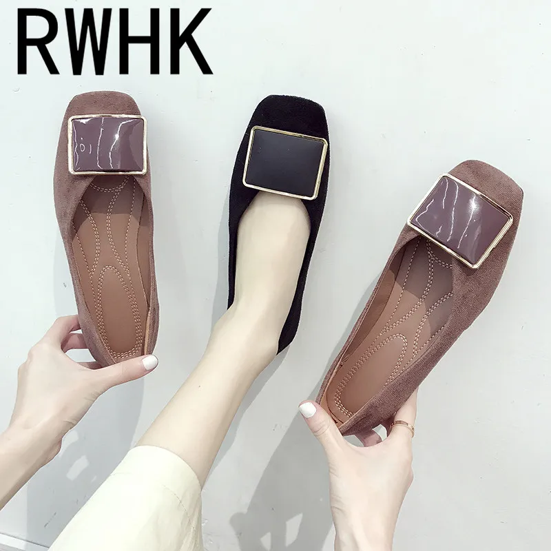 

RWHK Spring shoes 2019 ladies square head shallow mouth single shoes wild new suede shoes single shoes flat shoes B012
