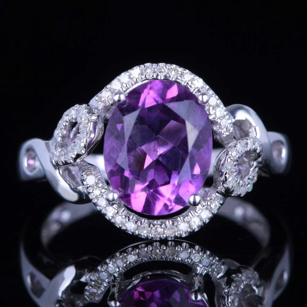 925 Sterling Silver 10x8mm Oval 2.5ct Amethyst Pave Natural Diamonds Wedding Ring Fine Jewelry Engagement Gemstone Ring