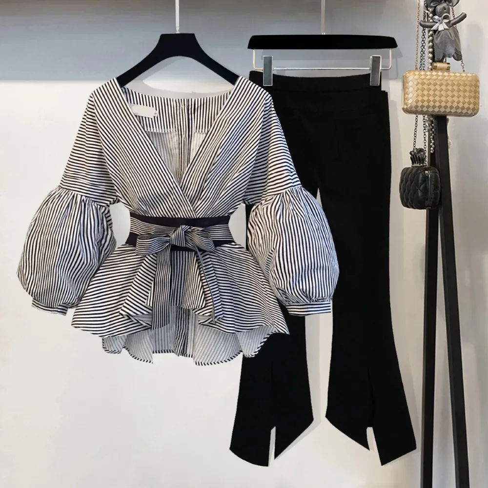 

JSXDHK 2019 Spring Summer Striped Bow Lantern Sleeve Blouse Women's Pants Set + Black Split Flare Sleeve 2 PCS Suits S-4XL