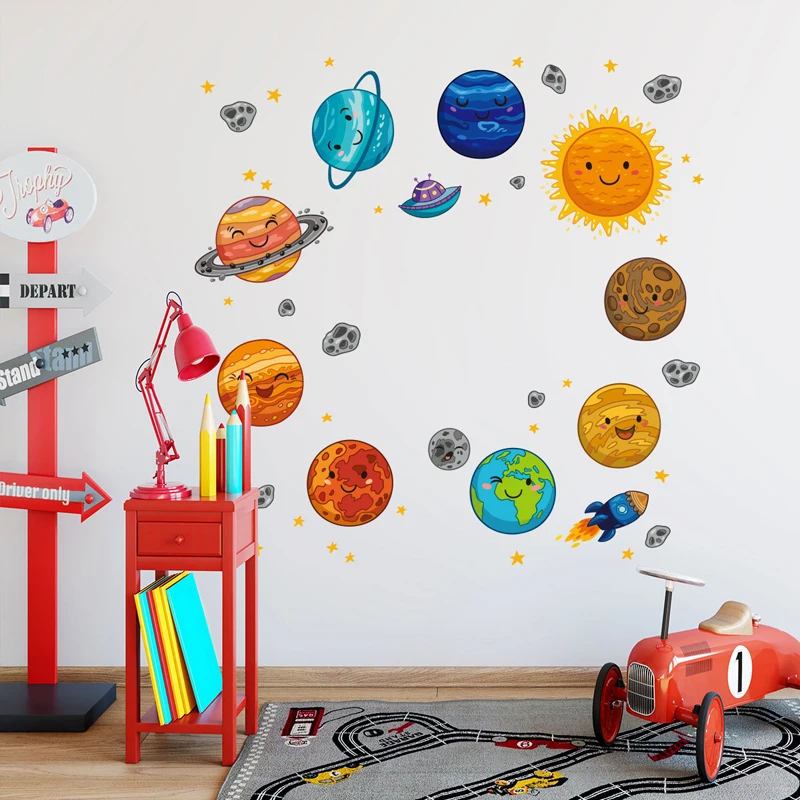 Tofok Наклейка на стену, мультяшная космическая ракета планета галактика НЛО, виниловые наклейки на стену для детей, спальни, детской комнаты, художественная Фреска, домашний декор
